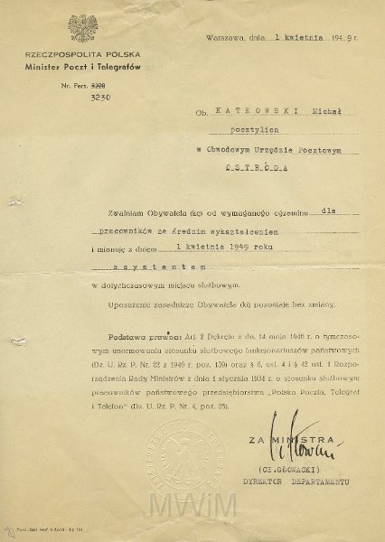 KKE 5590.jpg - Dok. Pismo z Ministerstwa Poczt i telegrafów do Michała Katkowskiego dotyczące zwolnienia z egzaminów samodoskonalenia zawodowego, Warszawa, 1 IV 1949 r.